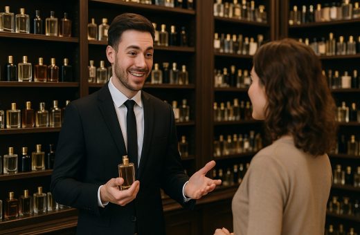 un vendeur face à une cliente dans une boutique de parfumerie